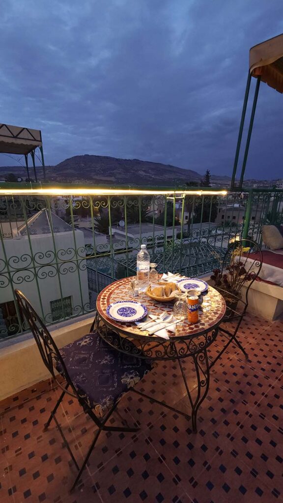 Alt Text: Panoramic view of our Luxury Riad in Fez Medina terrace.